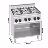 Cucina a gas professionale - LORENZO 600 - 900x600x1020mm - 28,5 kW - 6 fuochi - su vano aperto