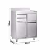 Szafka robocza ze stali nierdzewnej - 800x600mm - z drzwiami na zawiasach, 2 szuflady, kosz na śmieci, z rantem - pod ekspres do kawy