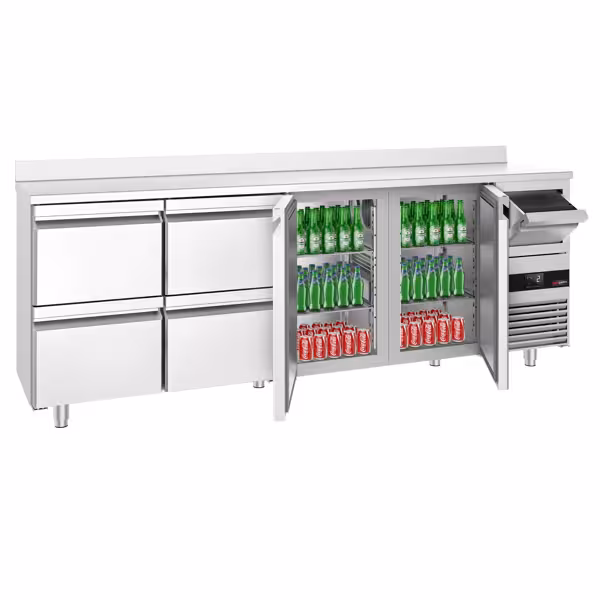 Barkoelkast PREMIUM - 2690x600mm - 775l - met 2 deuren & 4 laden, spatrand & uitklopper voor koffie