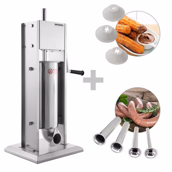 Poussoir à saucisses manuel avec embouts à churros - 5 litres - inox - incluant 4 embouts pour poussoir à saucisse et 3 embouts pour churros