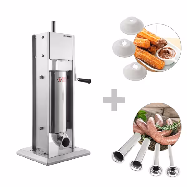 Poussoir à saucisses Manuel & Machine à churros - 5 Litres - inox - incl. 4 Embouts à saucisses & 3 Embouts à churros