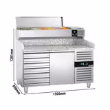 Commercial Pizza Prep Counter - Granite Top PREMIUM - 1500x800mm - with 1 doors & 7 drawers - incl. refrigerated topping unit - 6x GN 1/3