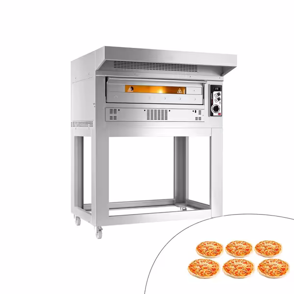 Gas pizzaoven (chamotte bakvloer) - 1450x1450x1400mm - 1 kamer - 1x6 pizza’s Ø35cm - tot 370°C - Handmatig - incl. rvs afzuigkap & onderstel