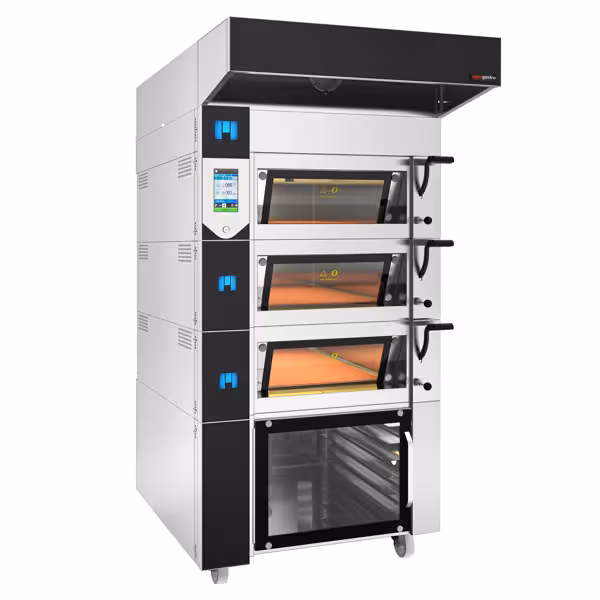 Four à étages de boulangerie avec fonction vapeur - Écran tactile - 3 chambres de cuisson - Hotte et support avec porte-plaques EN inclus