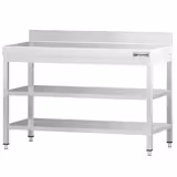 Mesa de trabajo de acero inoxidable mural PREMIUM - 1200x700mm - con estante inferior y peto trasero y estante intermedio y refuerzo omega