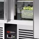 Balcão de pizza refrigerado PREMIUM - 1400x700mm - com tampo em granito - com 3 portas de vidro - incl. vitrina refrigerada superior - 6x Recipientes GN 1/4