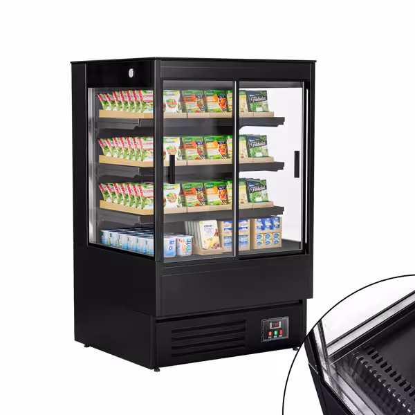 Commercial multideck display fridge - 900mm - 287L - with 2 double‑glazed sliding doors & 3 shelves - Black