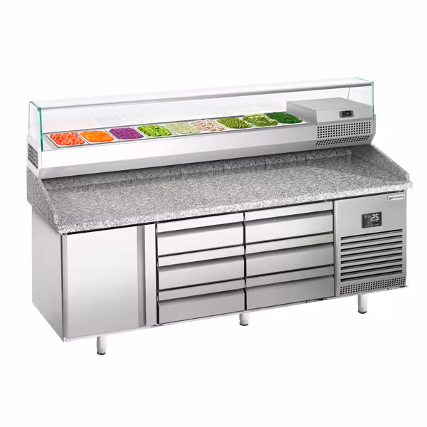 Pizzawerkbank PREMIUM PLUS - 1980x700mm - met granieten werkblad - met 1 deur & 6 laden - incl. glasvitrine - 9x GN 1/4