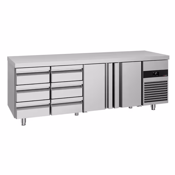 Kylbänk PREMIUM - 2330x700 mm - 632 l - Fläktkyla - GN 1/1 - med 2 dörrar - med 6 lådor