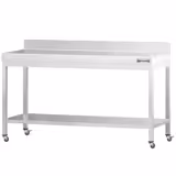 Edelstahl Arbeitstisch PREMIUM - 2000x600mm - mit Grundboden, Aufkantung & Rollen