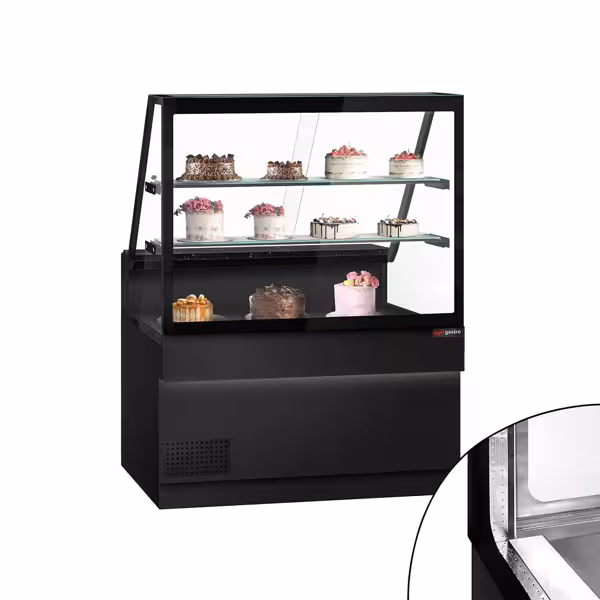 Soğuk Teşhir Dolabı TORONTO - 1300x880mm - 2 raflı - çift cam - LED aydınlatma; fanlı soğutma - ön panel siyah; granit tezgah