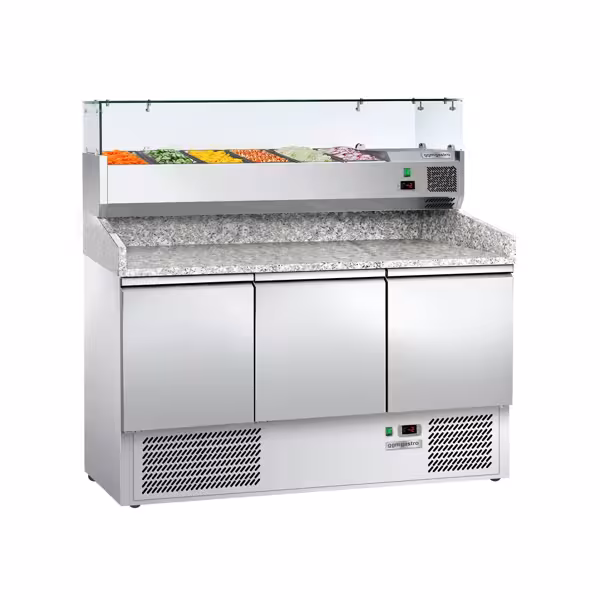 Pizzakühltisch ECO - 1400x700mm - mit 3 Türen - inkl. Kühlaufsatzvitrine - 6x GN 1/4