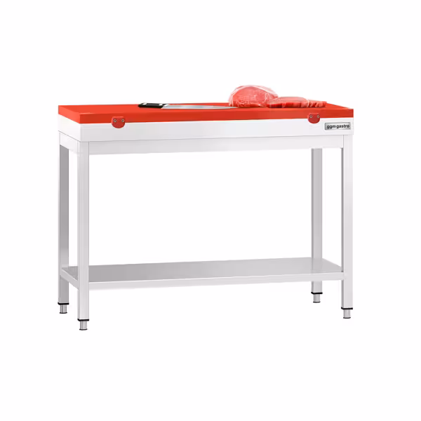 Commercial Stainless Steel Centre Table PREMIUM - 1000x600mm - with Undershelf - with Red Chopping Board