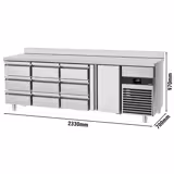Chladicí stůl PREMIUM - 2330x700x970 mm - 632 l - s 1 dveřmi - s 9 zásuvkami - zadní lem