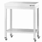 PREMIUM ruostumattomasta teräksestä valmistettu työpöytä - 700x700mm - jalustalla ja pyörillä varustettuna.