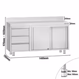 Tavolo armadiato in acciaio inox ECO - 1400x700mm - con 2 porte scorrevoli + 3 cassetti a sinistra - con alzatina