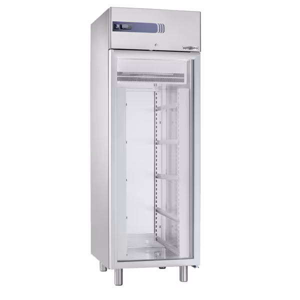Armoire réfrigérée vitrée positive en Inox AISI 304 « Pasta » PREMIUM PLUS - EN 600x400 - 585 L - avec 1 porte vitrée & Glissières EN & 5 paires de rails inox - LED - Plage -2 à +35°C - p.ex. pour 14× bacs EN 600 x 400