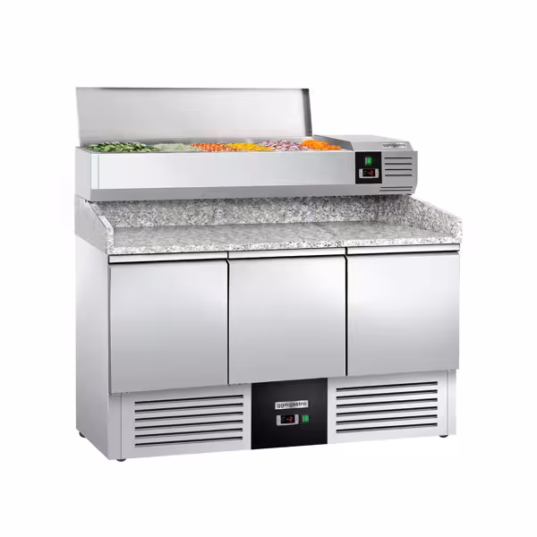 طاولة تحضير بيتزا مبردة PREMIUM - 1400x700 mm - مع 3 أبواب - سطح عمل جرانيت - شامل وحدة تبريد علوية - 6x GN 1/4