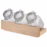 (4 pieces) Triple Jar Snack & Cereal Buffet Stand – Airtight Clip-Top Lids – Wooden Stand – Brown