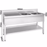 Stainless Steel Commercial Sink Unit PREMIUM - 1800x600mm - with Double Bowl Right-hand - with Undershelf - with Upstand