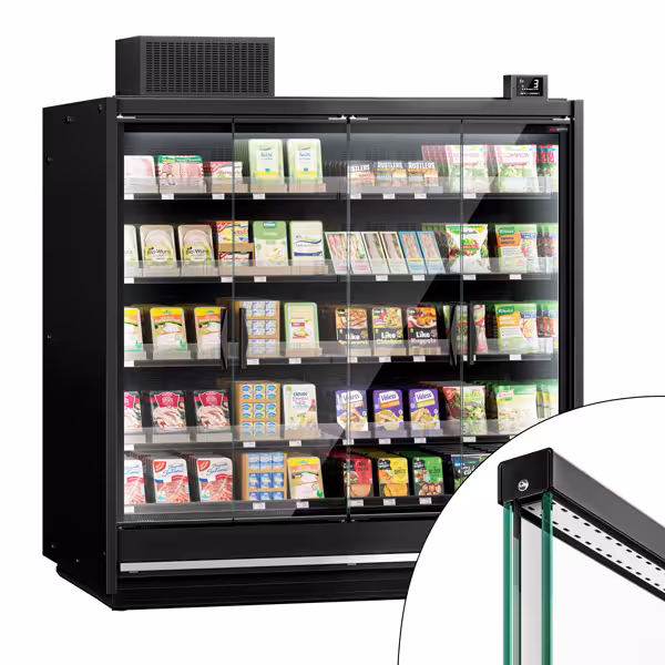 Supermercato-Murale refrigerato - 1875mm - +0°/+4°C - con 4 porte a battente in vetrocamera senza cornice & 5 ripiani - Nero