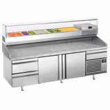 Commercial Pizza Prep Counter - Granite Top PREMIUM PLUS - 3305x800mm - with 3 doors & 3 drawers - incl. refrigerated topping unit with glass sneeze guard - 10x GN 1/3