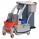 Cărucior de curățenie – 6 recipiente, storcător de mop și sac pentru rufe