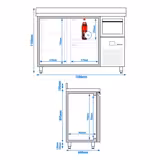 Mesa frigorífica para bar e bebidas PREMIUM - 1580x600mm - 365L - com 1 porta de batente em inox, 2 gavetas, alçado traseiro e batente para borras
