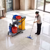 Janitorial Cleaning Trolley - Open - with 2 shelves, laundry bag - Grey