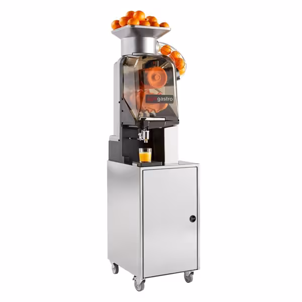 Automatische citruspers - 15 sinaasappelen/min - Ø65-80mm - 550W - met automatische fruittoevoer, zelfreinigend systeem & druppelstop - aluminium - incl. onderstel