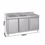 Spoelunit - 1400x700mm - met afvalemmer & 2 wastafels links