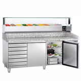 Commercial Pizza Prep Counter - Granite Top PREMIUM - 2025x800mm - with 2 doors & 7 drawers - incl. refrigerated topping unit with glass sneeze guard LED - 10x GN 1/4