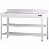 Mesa de trabalho em aço inoxidável PREMIUM - 1400x800mm - com prateleira inferior & com painel traseiro & com prateleira intermédia & com travessas de reforço