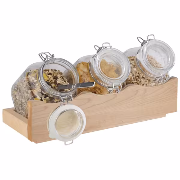 Buffetstandaard GOOD MORNING - hout & glas - 170x430mm - Hoogte: 135mm - incl. 3 glazen potten met klapdeksel