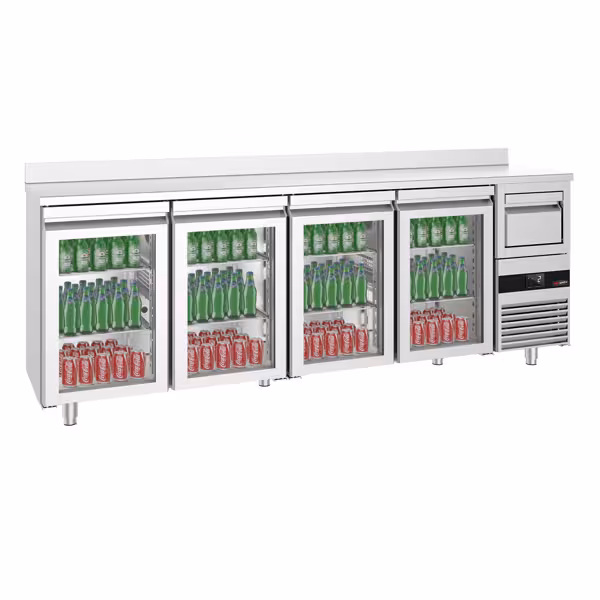 Rashladni pult za pića PREMIUM - 2690x600 mm - 710 l - 4 staklena vrata, podignuti rub & ausklopfer za kavu