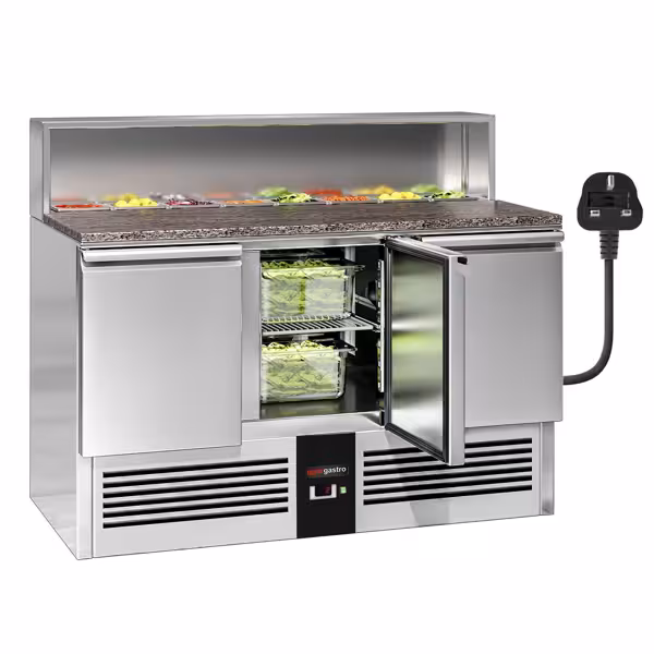 Commercial Saladette Counter PREMIUM - 1368mm - 402L - 3 doors - open top for 8 x GN 1/6 & stainless steel hinged lid - UK