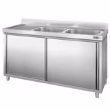 Dřezová skříňka PREMIUM - nerezová ocel - 1800x600 mm - posuvné dveře - s odkapávací plochou vlevo - s 2 dřezy vpravo