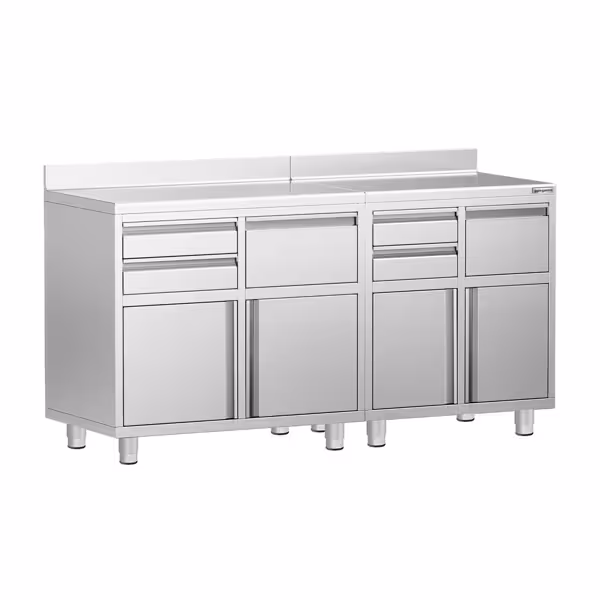 Commercial Stainless Steel Coffee Station & Worktop Floor Cupboard - for Coffee Machine  - 1800x600mm - with 4 Drawers, 2 Doors, 2 Tilting Knockout Drawers - with Rear Upstand