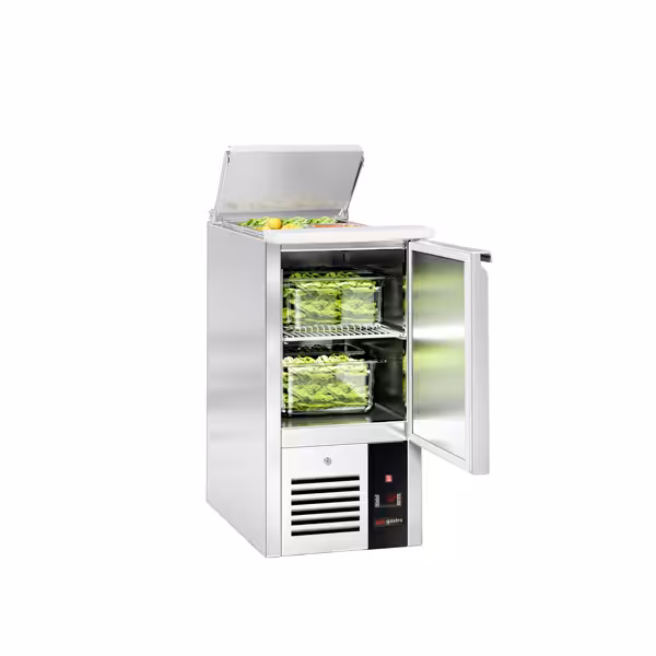 Saladette réfrigérée PREMIUM - 450mm - 102L - 1 porte - avec découpe pour 1x GN 1/1 & Couvercle inox