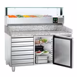 Pizzawerkbank PREMIUM - 1500x800mm - met granieten werkblad - met 1 deur & 7 laden - incl. glasvitrine LED - 5x GN 1/3 + 1x GN 1/2