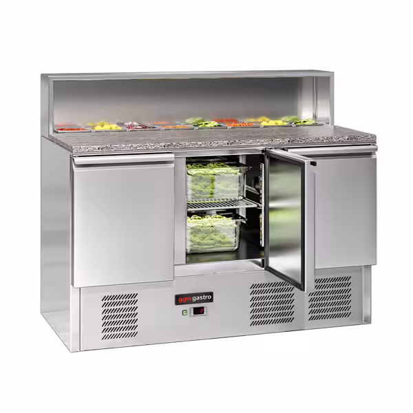 Commercial Saladette Prep Station ECO – 3-Door, GN 1/1 Well – 450 mm – +2 to +8 °C – Granite Top; Integrated 8×GN 1/6 Cool-Top