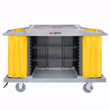 Commercial Housekeeping Trolley - 2 laundry bags, 1 top shelf with compartments, 3 bottom shelves - Polypropylene (PP) frame - Grey