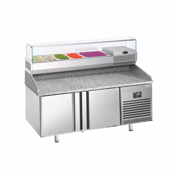 Stół chłodniczy do pizzy PREMIUM PLUS - 1738x800mm - z blatem granitowym - 2‑drzwiowy - z nadstawką chłodniczą - 6x GN 1/3