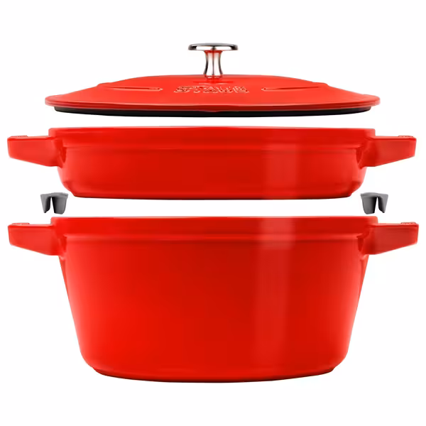 (2 pieces) STAUB | Stackable Cast Iron Cocotte & Pan Set – Ø 24 cm - Cherry Red - Enamelled