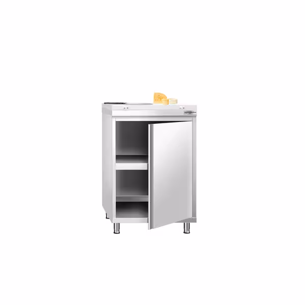 Table armoire en acier inoxydable PREMIUM - 600x600mm - avec portes battantes - pour produits céréaliers, produits laitiers - incl. plateau de découpe Blanc PEHD (HACCP)