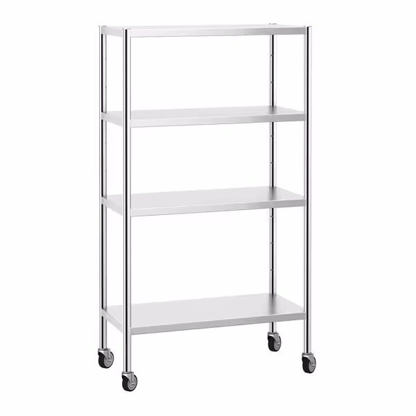 Półka ze stali nierdzewnej PREMIUM - 1000x500x1800mm - 4 półek przestawnych - Nośność na półkę: 80kg - w zestawie: 4 kółka (2 z hamulcem)