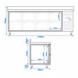 Soğutmalı tezgah ECO - 2230x700mm - 8 çekmeceli - fanlı soğutma - dijital termostat - içten motorlu - arka sırtlı