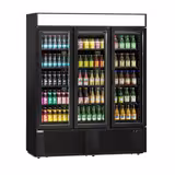 Commercial Upright Glass Door Display Fridge - 1600mm - 891 Litres - with 3 hinged glass doors - Black - Temperature range 1 to 10 °C