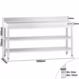 Table de travail inox PREMIUM - 2000 x 700 mm - avec tablette inférieure, Dosseret & Tablette intermédiaire