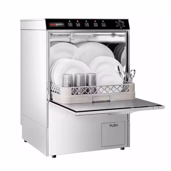 Lave-vaisselle professionnel - Panier 50x50cm - Commandes mécaniques - 3,55kW - avec pompe de vidange + pompes doseuses détergent et liquide de rinçage